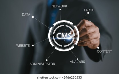 Content management system and website administration concept. Collage with IT manager pushing CMS button on imaginary screen with word cloud.