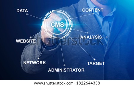 Content management system and website administration concept. Collage with IT manager pushing CMS button on imaginary screen with word cloud, panorama