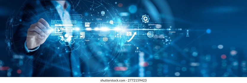 Content manager drawing network connection and publishing workflows for content management systems, organizing digital assets, collaboration, and global networking across platforms.