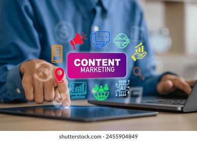 Content marketing concept. Content creator using tablet and computer for Containing seo, content, website, e-commerce, social media, AI, sales and online advertising, ads. 