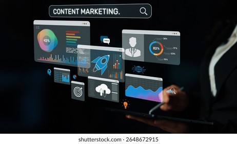Content marketing interface with data dashboards, analytics charts, and content tools. Marketing success comes from content performance, content planning, and marketing optimization. Muxer