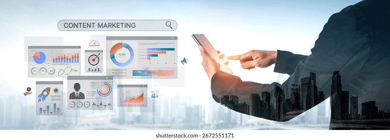 Content marketing interface with data dashboards, analytics charts, and content tools. Marketing success comes from content performance, content planning, and marketing optimization. Spline