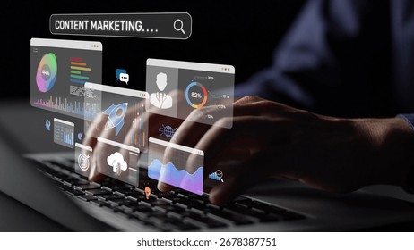 Content marketing interface with data dashboards, analytics charts, and content tools. Marketing success comes from content performance, content planning, and marketing optimization. Muxer