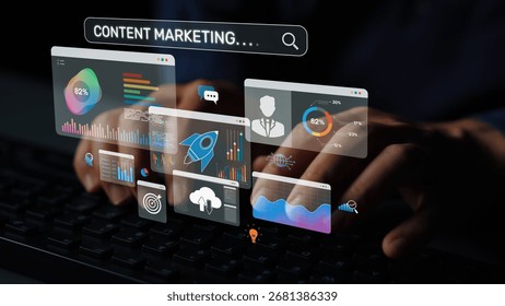 Content marketing interface with data dashboards, analytics charts, and content tools. Marketing success comes from content performance, content planning, and marketing optimization. Muxer