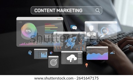 Content marketing interface with data dashboards, analytics charts, and content tools. Marketing success comes from content performance, content planning, and marketing optimization. Muxer