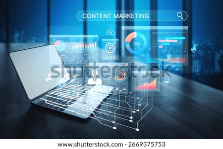 Content marketing interface with data dashboards, analytics charts, and content tools. Marketing success comes from content performance, content planning, and marketing optimization. Spline
