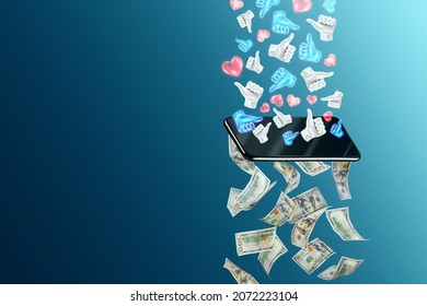 Content monetization, likes turn into dollars passing through the smartphone. The concept of new currency, social networks, freelancing, monetization of subscribers and followers - Shutterstock ID 2072223104