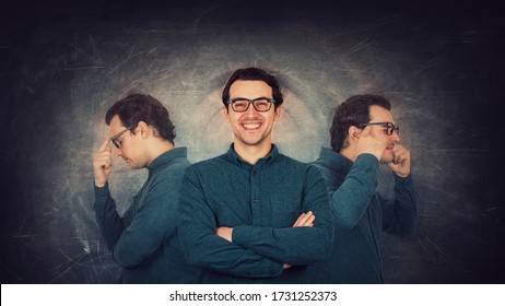 Contented man well hiding his inner personality. Guy suffers split emotions into different inner personages. Multipolar mental health disorder. Schizophrenia psychiatric disease. Dementia mood change. - Shutterstock ID 1731252373