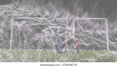 Contesting pair in dark-blue and light kits vying for soccer ball in penalty area, speckled overlay. Football, players, competition, dynamic, field, goal, grass
