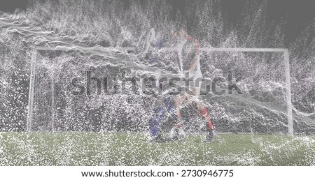 Contesting pair in dark-blue and light kits vying for soccer ball in penalty area, speckled overlay. Football, players, competition, dynamic, field, goal, grass