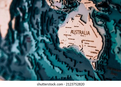 The Continent Of Australia On A Three-dimensional World Map Showing The Depth Of All Seas And Oceans