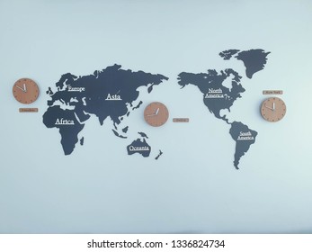 Continent map with clock background , and interior decoration
