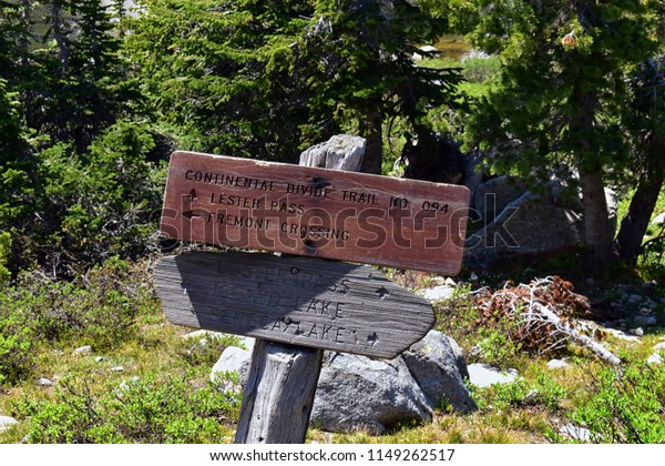 Continental Divide Trail sign in Wind Rivers Range\
Wyoming along Continental Divide Trail No. 094, Fremont Crossing,\
Seneca Lake, Lester Pass, Island Lake and Indian Lake which is part\
of the Rocky Mo