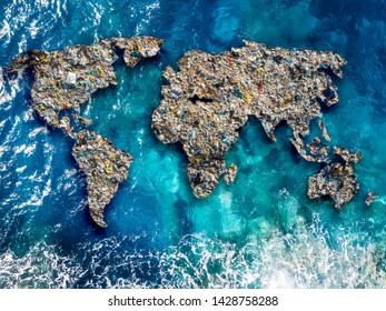 Continents earth are made up of garbage, surrounded by ocean water. Concept environmental pollution with plastic and human waste.