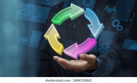 Continuous improvement cycles. Feedback loop in business strategy. Decision making and observation. Businessperson holding arrow icons.