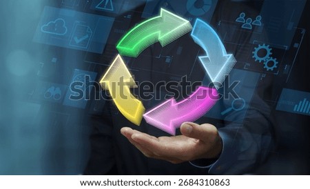Continuous improvement cycles. Feedback loop in business strategy. Decision making and observation. Businessperson holding arrow icons.