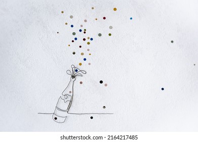 Continuous Line Drawing Of Champagne Bottle With Colored Fireworks Flakes. Flat Lay Of Celebration. Abstract Champagne Bottle.  