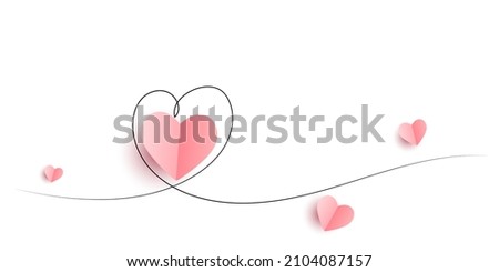 Continuous line heart shape border with realistic paper heart on white background for valentines, women, mother day greeting invitation graphic design
PNG
