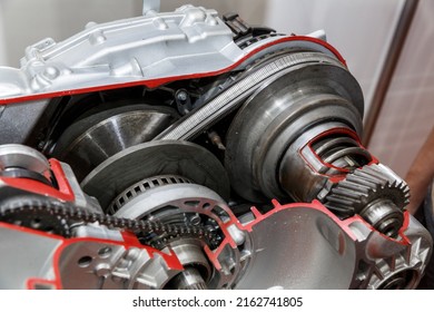 Continuously Variable Transmission (or CVT) cutaway. Modern car spare parts