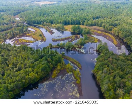Contoocook River marsh aerial view near Powder Mill Pond between town of Greenfield and Hancock in New Hampshire NH, USA. 