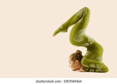 Contortionist Flexible Circus Performer, Acrobat Dancer in Green Costume, Yoga Woman Gymnast Beige Background