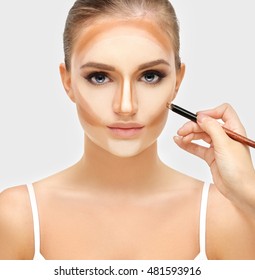 Contouring.Make Up Woman Face. Contour And Highlight Makeup