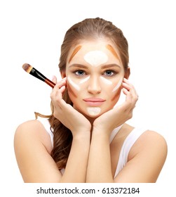 Contouring.Make Up Woman Face. Contour And Highlight Makeup.