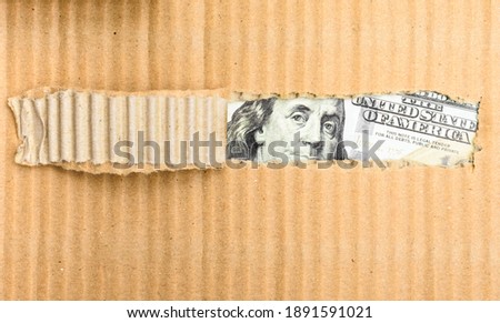 Contraband money discovered in a torn cardboard box, dollar bill in search of wealth and crisis, with copy space.