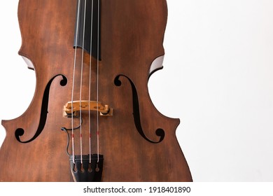 Contrabass Details. Wooden String Instrument Close Up. White Background