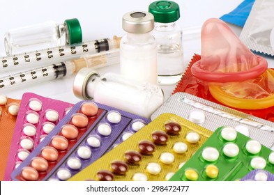 Contraception Education Concept With Oral Contraceptive, Emergency Pills, Injection Contraceptive And Male Condom.