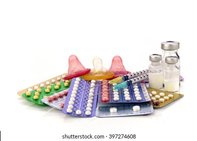 Contraception Education Concept With Oral Contraceptive, Emergency Pills, Injection Contraceptive And Male Condom.