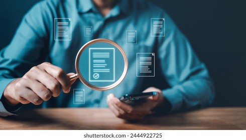 contract, document, management, paperwork, plan, report, research, strategy, innovation, information. A man is holding a magnifying glass and looking at a phone. with various documents.