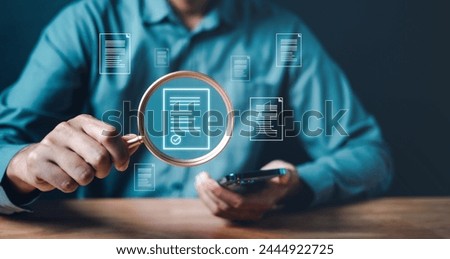 contract, document, management, paperwork, plan, report, research, strategy, innovation, information. A man is holding a magnifying glass and looking at a phone. with various documents.