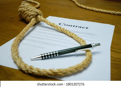 Contract With Pen And Rope Tied In Hangmans Noose. Strangulation Contract, Unfair Agreement.