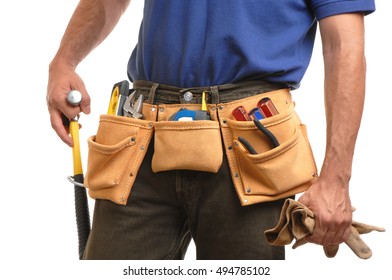 Contractor Carpenter Construction Worker Man With Toolbelt On White