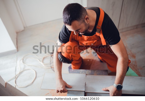 Contractor Cutting Laminate Flooring Lengthwise Workers Stock