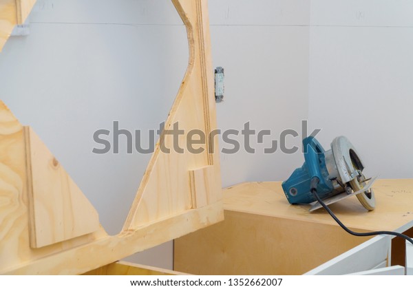 Contractor Cutting Laminate Kitchen Formica Counter Stock Photo