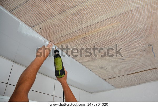 Contractor Installing White Pvc Ceiling Boards Stock Photo Edit