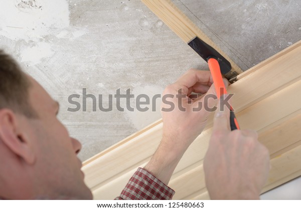 Contractor Installing Wood Panels On Ceiling Stock Photo Edit Now