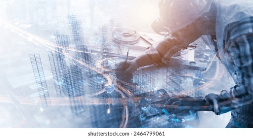 Contractor planning architecture blueprint city building construction development industry design plan project, builder engineering technician,, wireframe cityscape double exposure background banner.  - Powered by Shutterstock