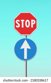 Contradiction concept with stop and arrow traffic signs - concept image