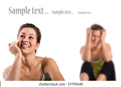 Contradiction - Happy And Depressed Women Against A White Background With Space For Text