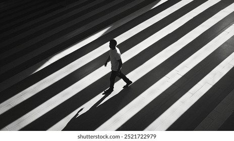 contrast between light and dark, featuring a silhouette of a person standing against a backdrop of evenly spaced horizontal lines