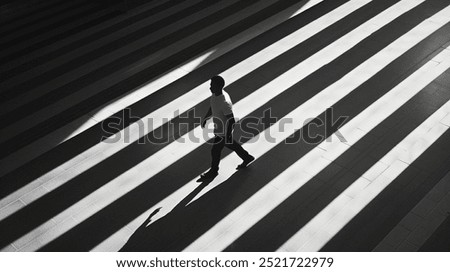 contrast between light and dark, featuring a silhouette of a person standing against a backdrop of evenly spaced horizontal lines