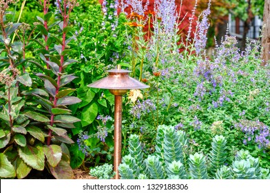 Contrasting Plant Foliage, Colours And Textures, Along With A Copper Landscape Lighting Fixture Help Create This Beautiful Garden Scene.