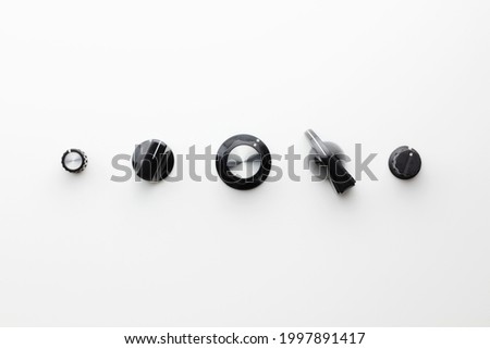 Control knobs. User interface design concept image. Variations of rotary knobs on neutral white background. 