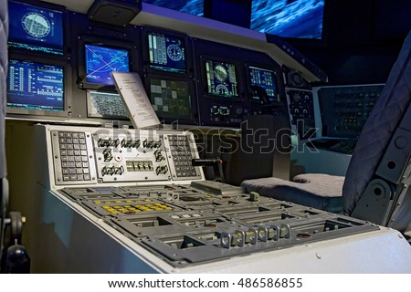 Control mechanism in the cabin space shuttle. Interior spacecraft. Control room space rockets. 