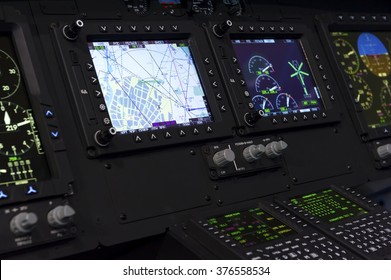 Control Panel In Military Helicopter Cockpit, Copter Dashboard With Displays, Dials, Buttons, Switches, Faders, Knobs, Other Toggle Items, Air Force, Modern Aviation And Aerospace Industry 