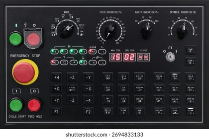 Control panel of a modern CNC automatic metalworking machine with software control, industrial concept background
