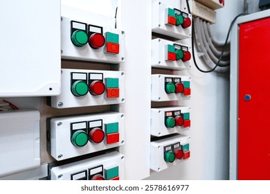 Control panel with multiple switches and indicators used for industrial automation in a factory setting